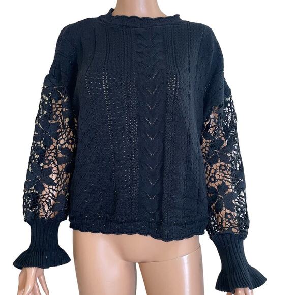 Fashion delicate crochet flower loose black sweater puff sleeve flared SZ XL - Picture 2 of 14